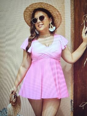Edelaual Hot Pink Plus Size Tankini Swim Dress Tummy Control Bathing Suit